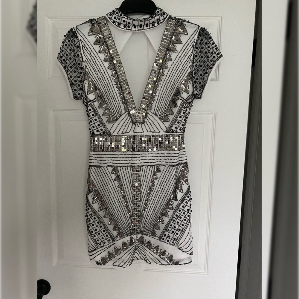 Boohoo backless, beaded mini dress